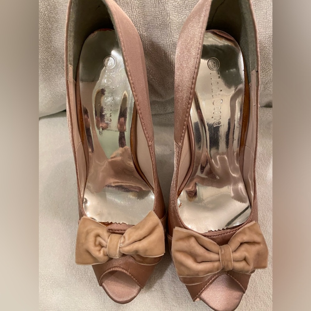 Gently Used Size 8 Nude Pink Satin Open Toe Slip-on Heels with a Velvet Bow